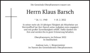 Traueranzeigen Von Klaus Barsch Trauer Merkur De