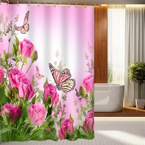 Pink Rose Butterfly Princess Bathroom Shower Curtain Waterproof 3d Rose