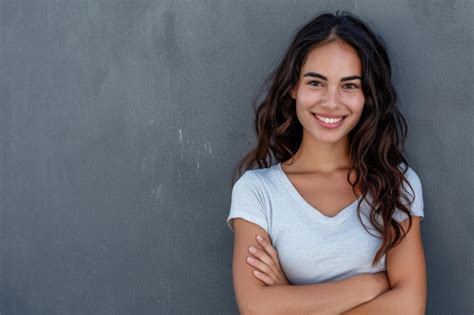 Mujer Latina Sonriente Con Los Brazos Cruzados En La Pared Gris Imagen Premium Generada Con Ia