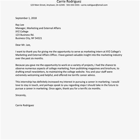 Thank You Letter For Internship Free Resume Templates