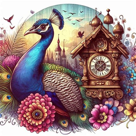 Solve Peacock And Cuckoo Clock Resizable 9 To 306 Pieces Jigsaw Puzzle Online With 121 Pieces