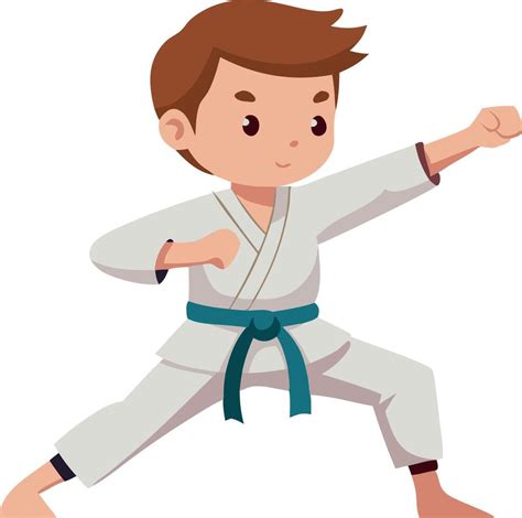 Young boy in a white karate uniform with a blue belt, performing a ...