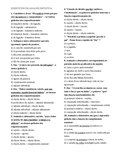 Questões De Análise Sintática - Exercícios de Análise Sintática | PDF | Predicado (gramática) | Assunto ...