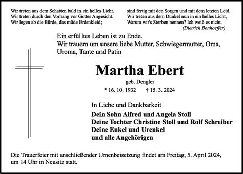 Traueranzeigen Von Martha Ebert Trauer Flz De