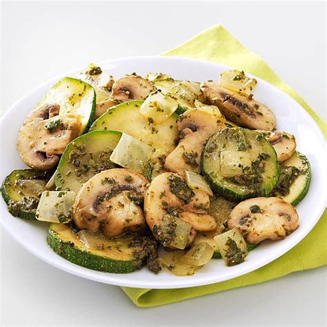 Mushroom Zucchini Pesto Saute Recipe Taste Of Home