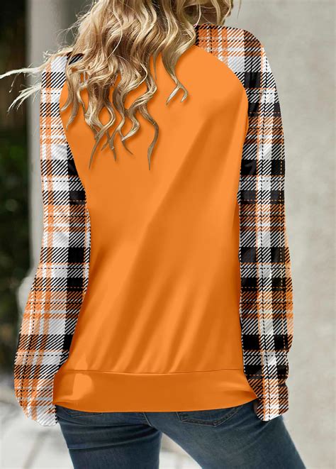 Orange Patchwork Plaid Long Sleeve Split Neck Sweatshirt | modlily.com ...