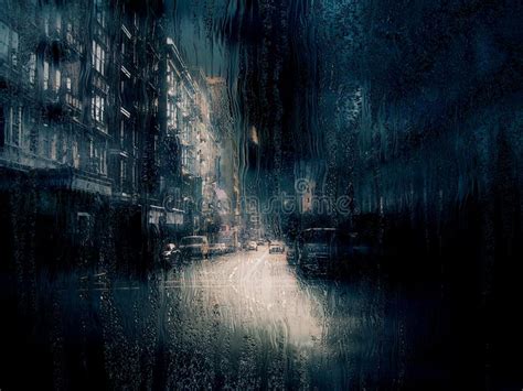 Heavy Rain On Window Glass During Storm In A Small City Stock Photo