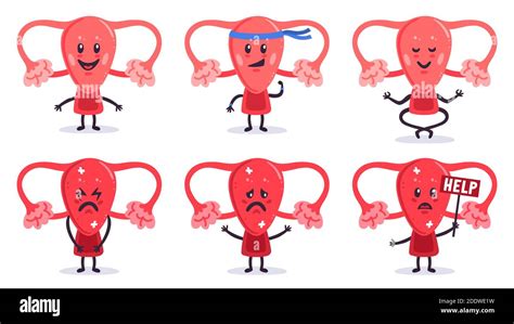 Cute Uterus Characters Healthy And Sick Women Uterus Organ Mascots Female Reproductive System