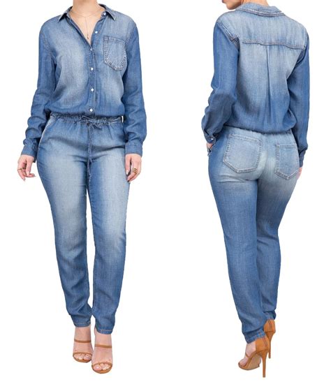 Casual Full Sleeve Denim Long Jumpsuits Women Vintage Buttons Pocket