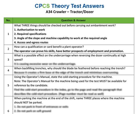 CPCS A34 Crawler – Tractor/Dozer Theory Test Answers