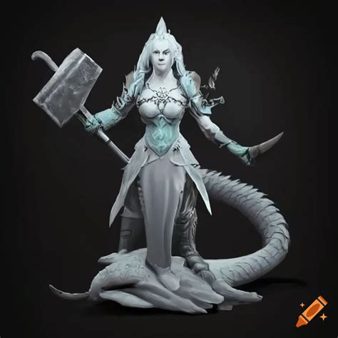 Illustration Of A Powerful Female Albino Naga Cleric In Battle Stance