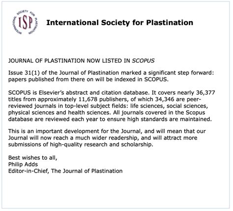 Journal Of Plastination Now Listed In Scopus The International