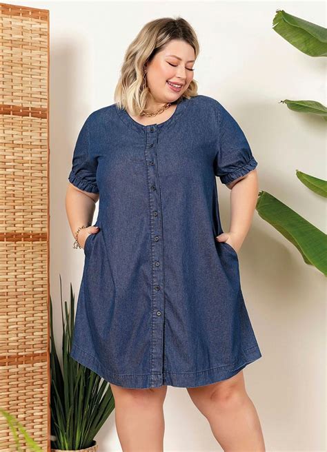 Mink Vestido Plus Size Azul Com Elástico Nas Mangas Moda Para Gordinhas Moda Vestidos