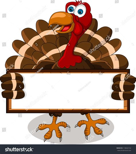 Happy Turkey Cartoon With Blank Sign Stock Vector Illustration