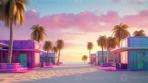 Generative Ai Miami Beach Huts Summer Vibes Retro Illustration