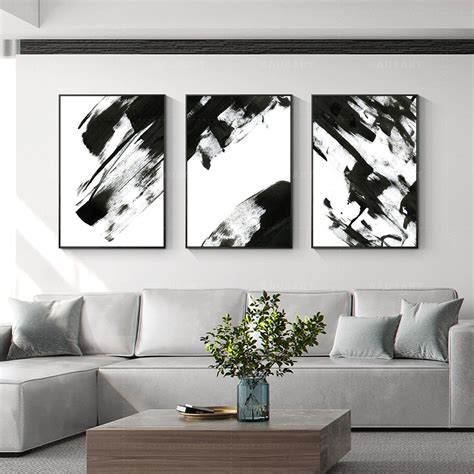 Set Of 3 Black White Wall Art Abstract Prints Art On Canvas Framed Wall