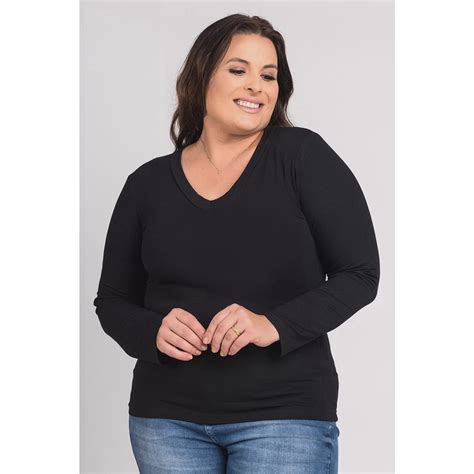 Blusa Feminina Manga Longa Plus Size Visco Gola V Ki Beleza Submarino