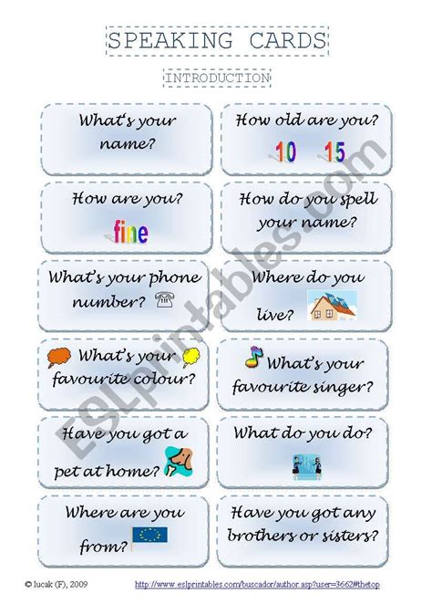 SPEAKING CARDS Introduction ESL Worksheet By Lucak F