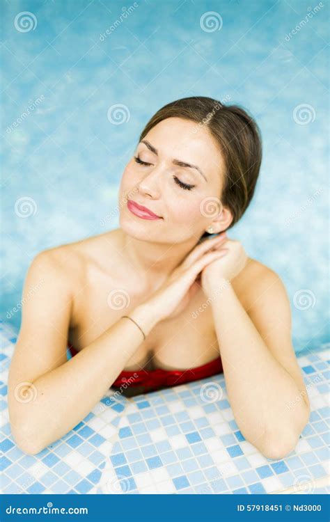 Beautiful Brunette In The Pool Stock Image Image Of Relaxation Smiling