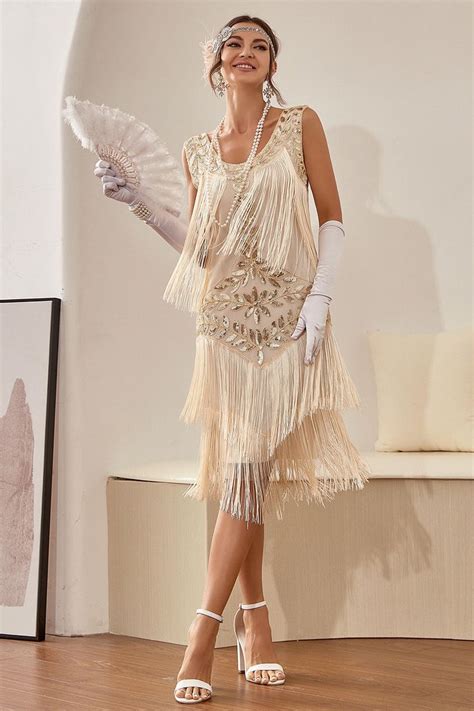 Champagne Gatsby 1920s Dress With Sequins And Fringes 1920s Dress