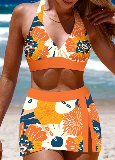 Floral Print Patchwork Orange Bikini Set Rosewe USD 31 98