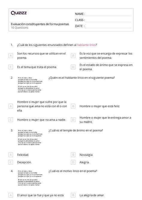 Poemas Hojas De Trabajo Para Grado En Quizizz Gratis E Imprimible