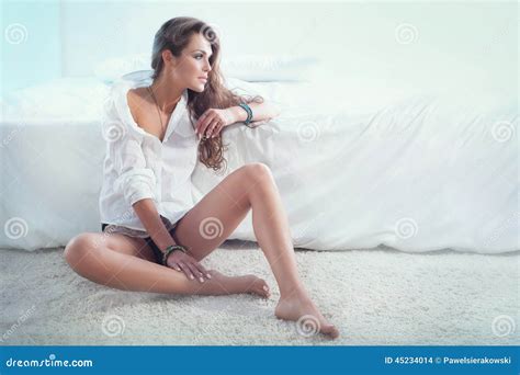Sensual Brunette Woman In Bedroom Stock Photo Image Of Bedroom Hair