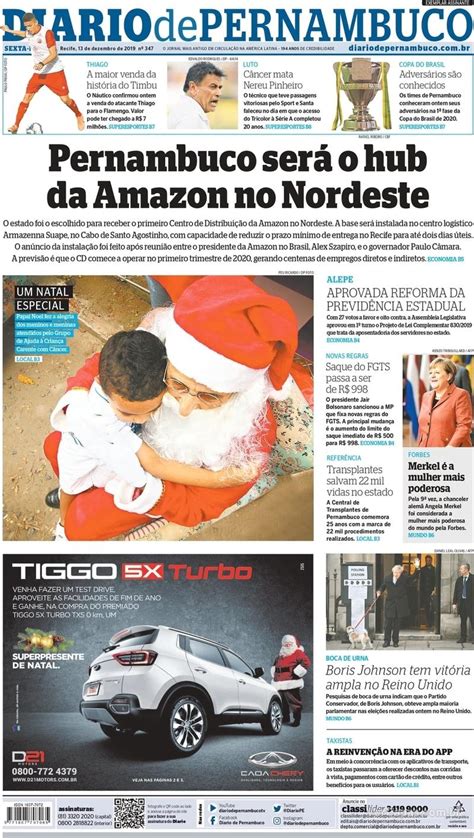 Capa Diario de Pernambuco Edição Sexta 13 de Dezembro de 2019