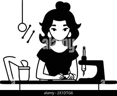 Girl Seamstress Working With Sewing Machine Vector Illustration In