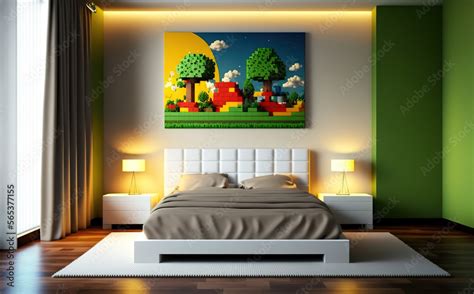 Modern minimalist bedroom with big colorful voxel art painting on the wall. Generative AI ...