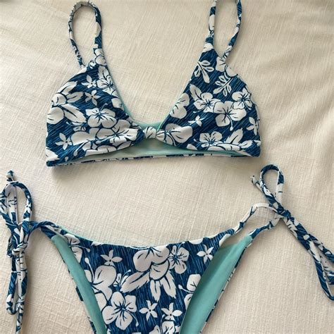 Blue Hibiscus Print Bikini Tie Bottoms Triangle Depop