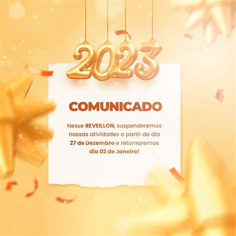 Comunicado Feriado Reveillon Ano Novo Social Media Psd Edit Vel