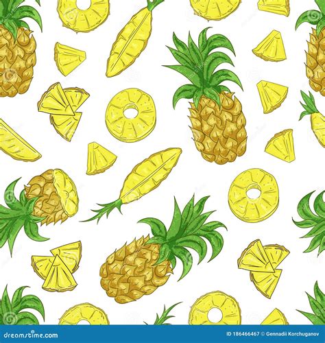 Tropical Ananas Pineapple Fruit Seamless Pattern On White Background Stock Vector