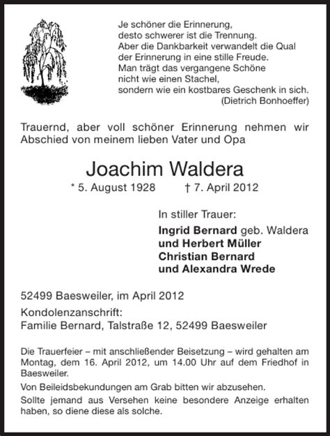 Traueranzeigen Von Joachim Waldera Aachen Gedenkt