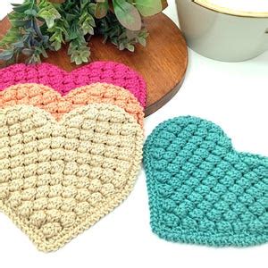 English Crochet Pattern Heart Bobble Hot Pad Crochet Potholder Tutorial Fall Textured Hot Pad