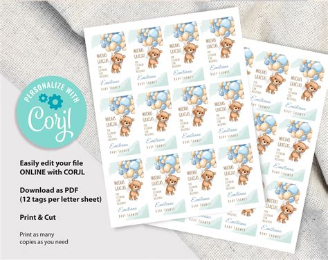 Baby Shower Thank You Tags in Español boy Teddy Bear Theme Spanish Baby