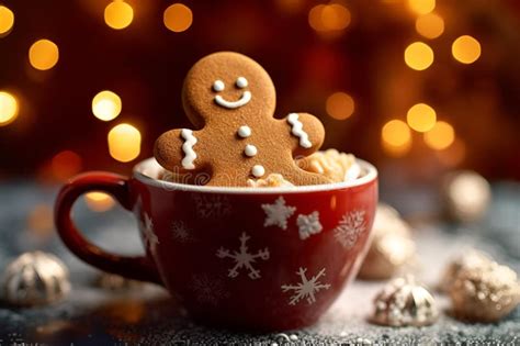 Gingerbread Man In A Cup Of Hot Chocolate Or Cocoa AI Generated Stock Illustration