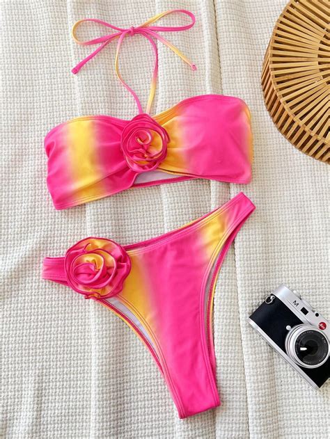 Swim Conjunto de bikini de cuello halter sin anillo de acero con impresión gradiente de flores