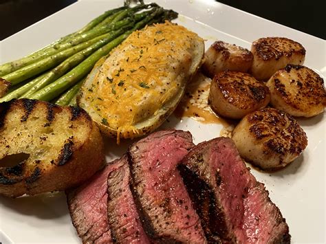 Homemade Surf N Turf Filet Scallops Twice Baked Potato Asparagus