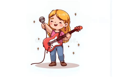 Joyful Blonde Chibi Character Playing Red Electric Guitar And Singing