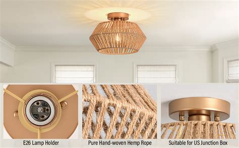 Woknos Rattan Semi Flush Mount Ceiling Light Gold Rope Cage Boho Light