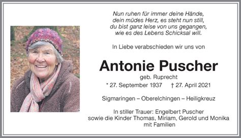 Traueranzeigen von Antonie Puscher Allgäuer Zeitung