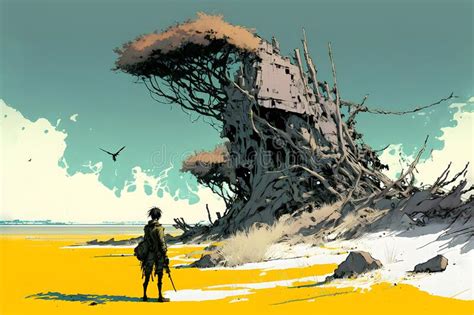 Manga Style Drawing of a Future Dystopian Landscape. Surreal Painting ...