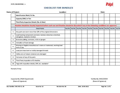 Ims Hse Cl 39 Checklist For Shackles Pdf