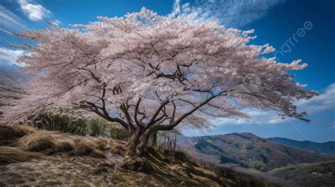 Cherry Blossom Tree Overlooking Blue Sky And Mountains Background ...