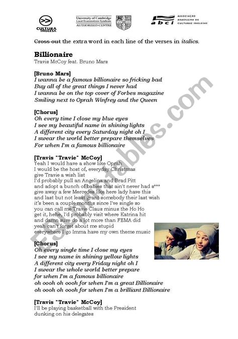 Billionaire - Travie McCoy ft. Bruno Mars - ESL worksheet by jossely