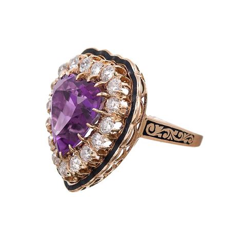 1910s Heart Shaped Amethyst Enamel Diamond Gold Ring For Sale At 1stdibs