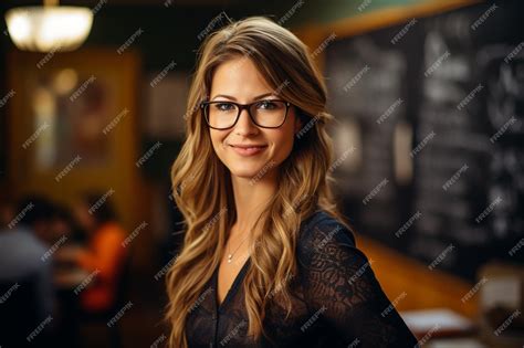 Premium Photo Beautiful Pretty Cute Happy Smiling Teacher Tutor Female With Glasses On