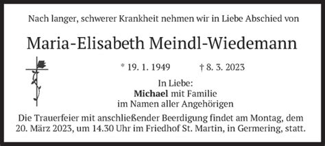 Traueranzeigen Von Maria Elisabeth Meindl Wiedemann Trauer Merkur De