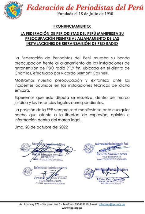 PRONUNCIAMIENTO LA FEDERACIÓN DE PERIODISTAS DEL PERÚ MANIFIESTA SU